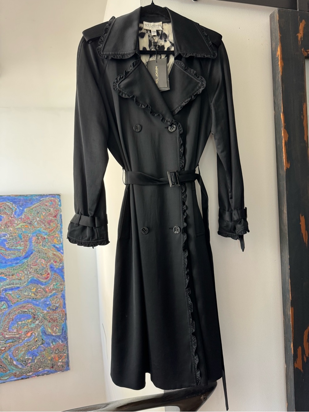 St. John Collection Black Satin Trench Coat with Ruffle Trim